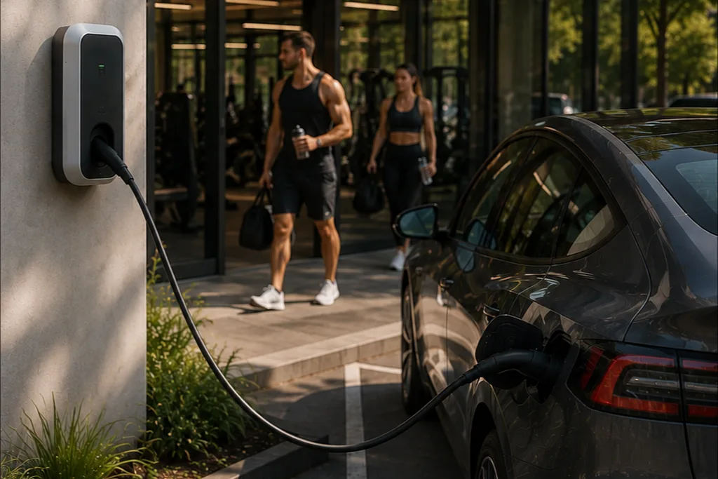 Wallbox am Fitnessstudio: Ein E-Auto lädt, während die Mitglieder trainieren.