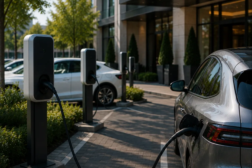 Ladesäulen an der Hotel-Vorfahrt: Das E-Auto eines Gastes lädt während des Aufenthalts.