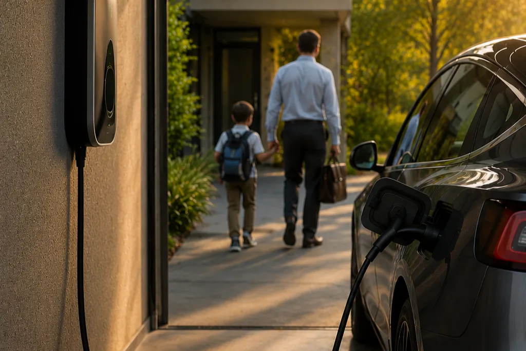 A company car charging at the home wallbox in the garage while the family leaves the house.