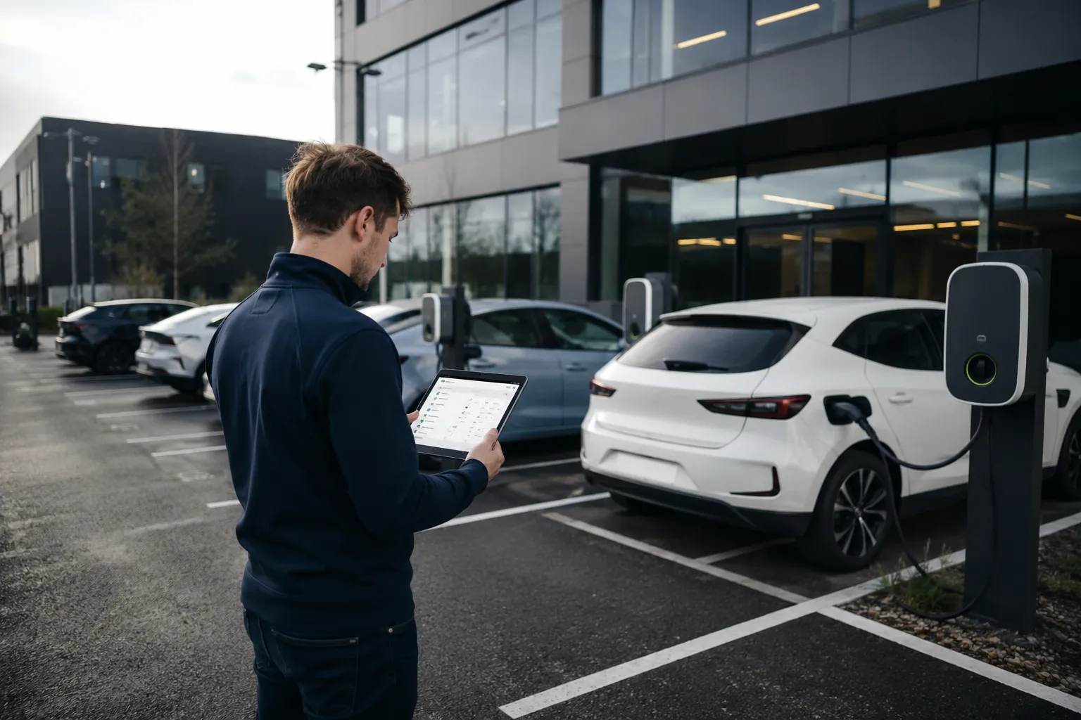 A fleet manager reviews charging sessions on a tablet while company cars charge at the office building.